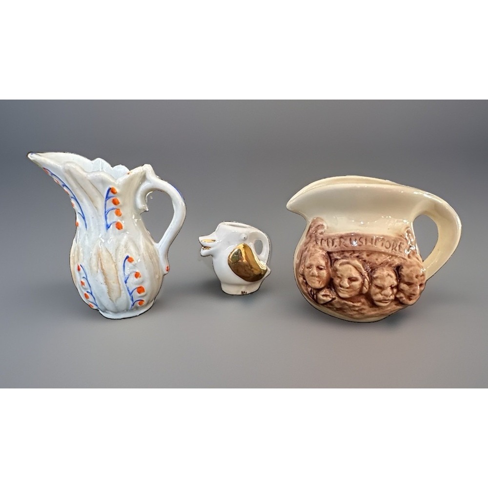 3 Miniature Vintage Pitchers Bird Mt. Rushmore Floral Collectable Ceramic EUC